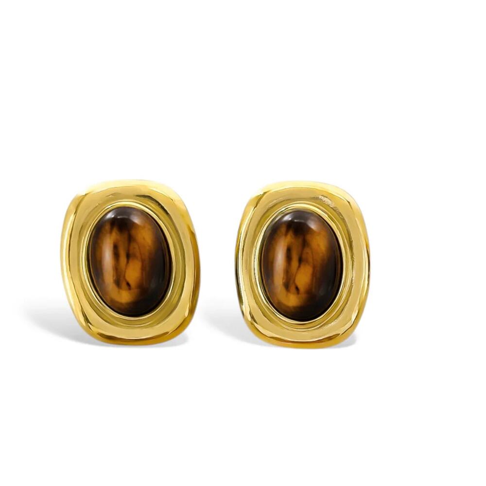 Tiger Eye Inspired Stud Earrings Gold Plated Oval Statement Earrings